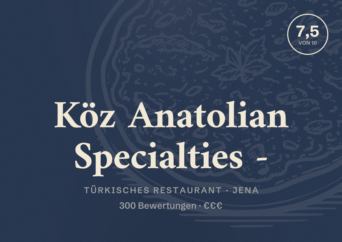 Illustriertes Poster von Köz Anatolian Specialties -, Türkisches Restaurant in Jena: Bewertung 7,5 von 10 aus 300 Bewertungen, Preisniveau €€€
