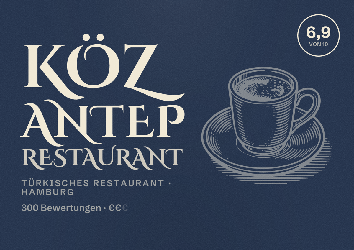 Illustriertes Poster von Köz Antep Restaurant, Türkisches Restaurant in Hamburg: Bewertung 6,9 von 10 aus 300 Bewertungen, Preisniveau €€