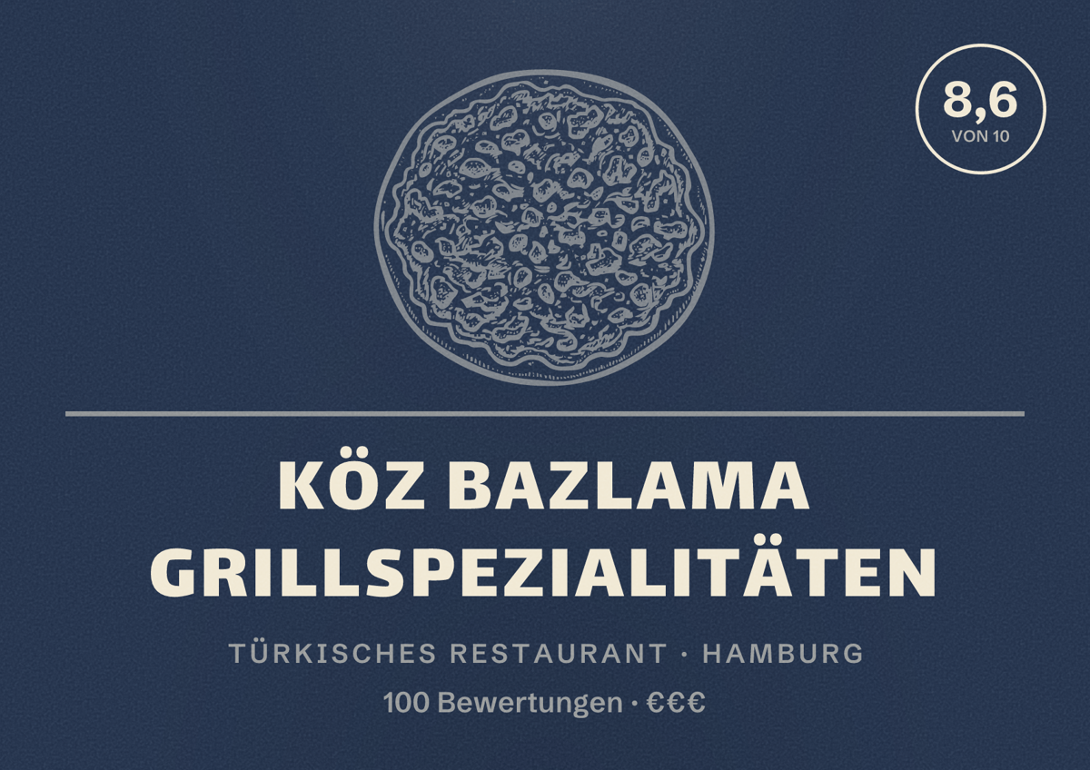 Illustriertes Poster von Köz Bazlama Grillspezialitäten, Türkisches Restaurant in Hamburg: Bewertung 8,6 von 10 aus 100 Bewertungen, Preisniveau €€€