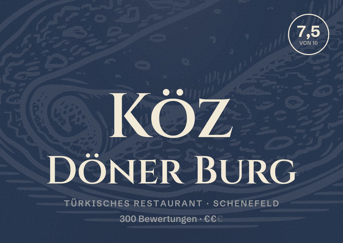 Illustriertes Poster von Köz Döner Burg, Türkisches Restaurant in Schenefeld: Bewertung 7,5 von 10 aus 300 Bewertungen, Preisniveau €€