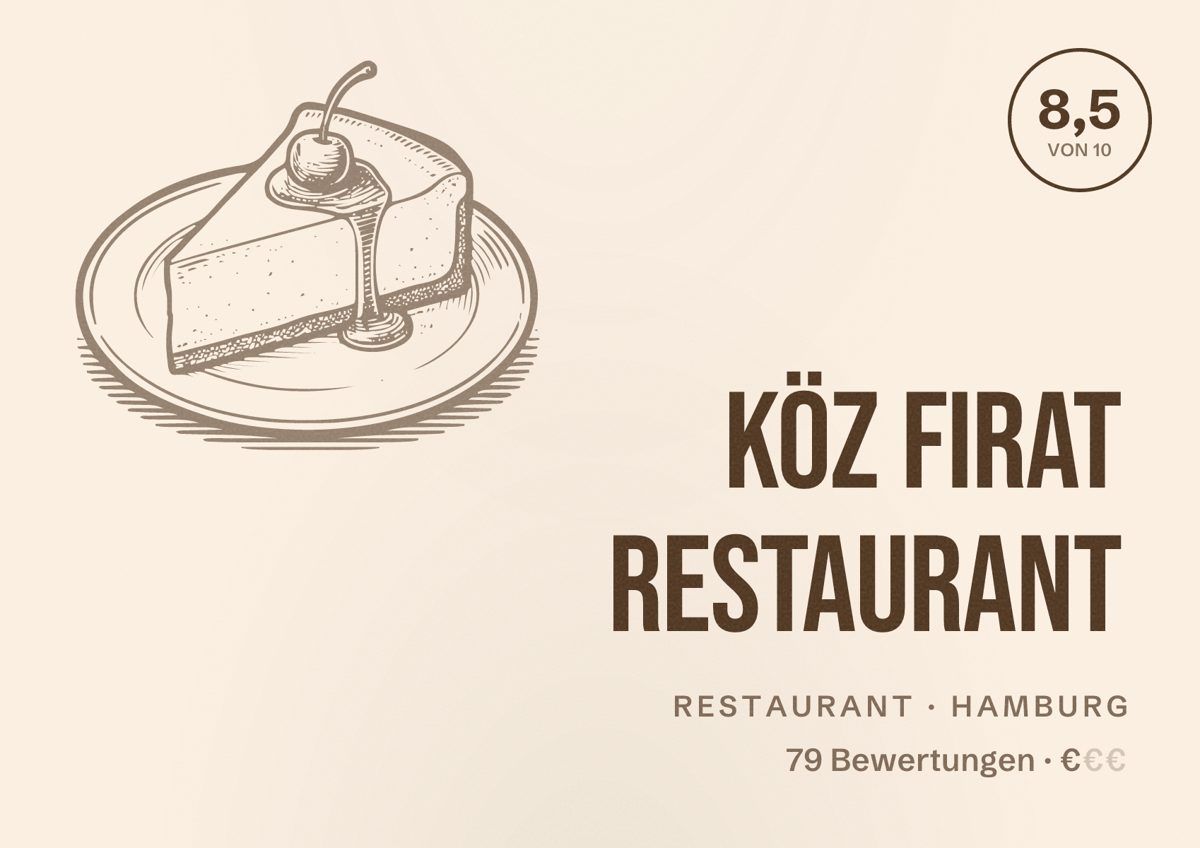 Illustriertes Poster von Köz FIRAT Restaurant, Restaurant in Hamburg: Bewertung 8,5 von 10 aus 79 Bewertungen, Preisniveau €