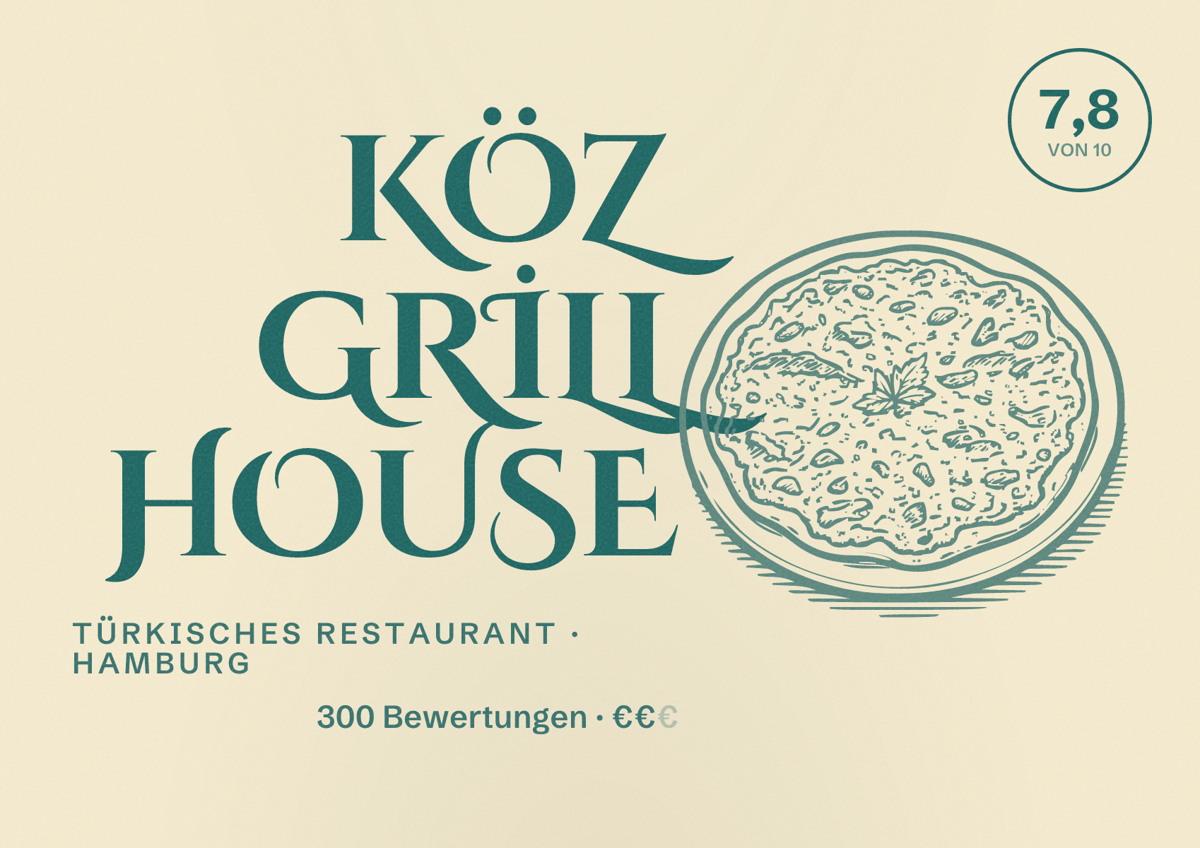 Illustriertes Poster von KÖZ GRİLL HOUSE, Türkisches Restaurant in Hamburg: Bewertung 7,8 von 10 aus 300 Bewertungen, Preisniveau €€