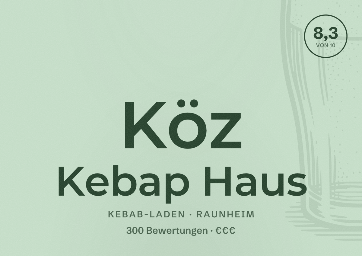 Illustriertes Poster von Köz Kebap Haus, Kebab-Laden in Raunheim: Bewertung 8,3 von 10 aus 300 Bewertungen, Preisniveau €€€