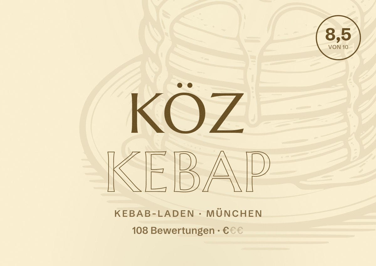 Illustriertes Poster von Köz Kebap, Kebab-Laden in München: Bewertung 8,5 von 10 aus 108 Bewertungen, Preisniveau €