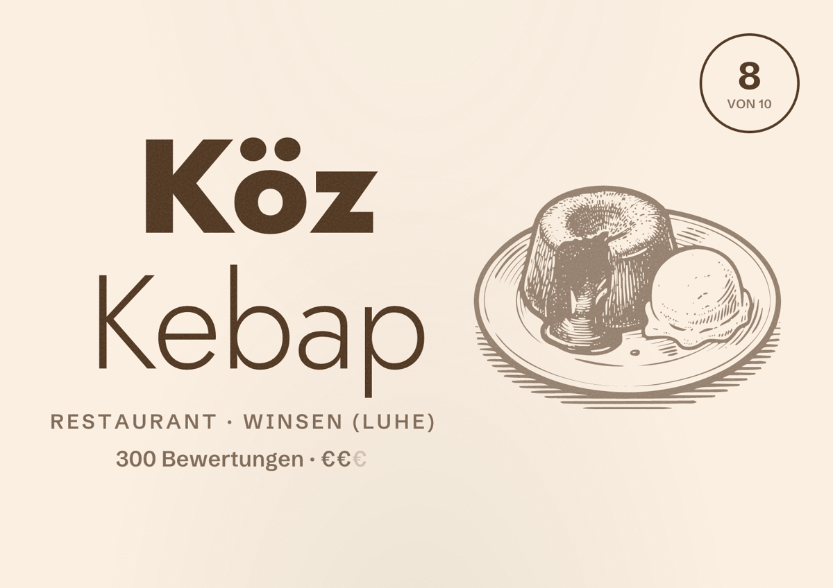 Illustriertes Poster von Köz Kebap, Restaurant in Winsen (Luhe): Bewertung 8 von 10 aus 300 Bewertungen, Preisniveau €€