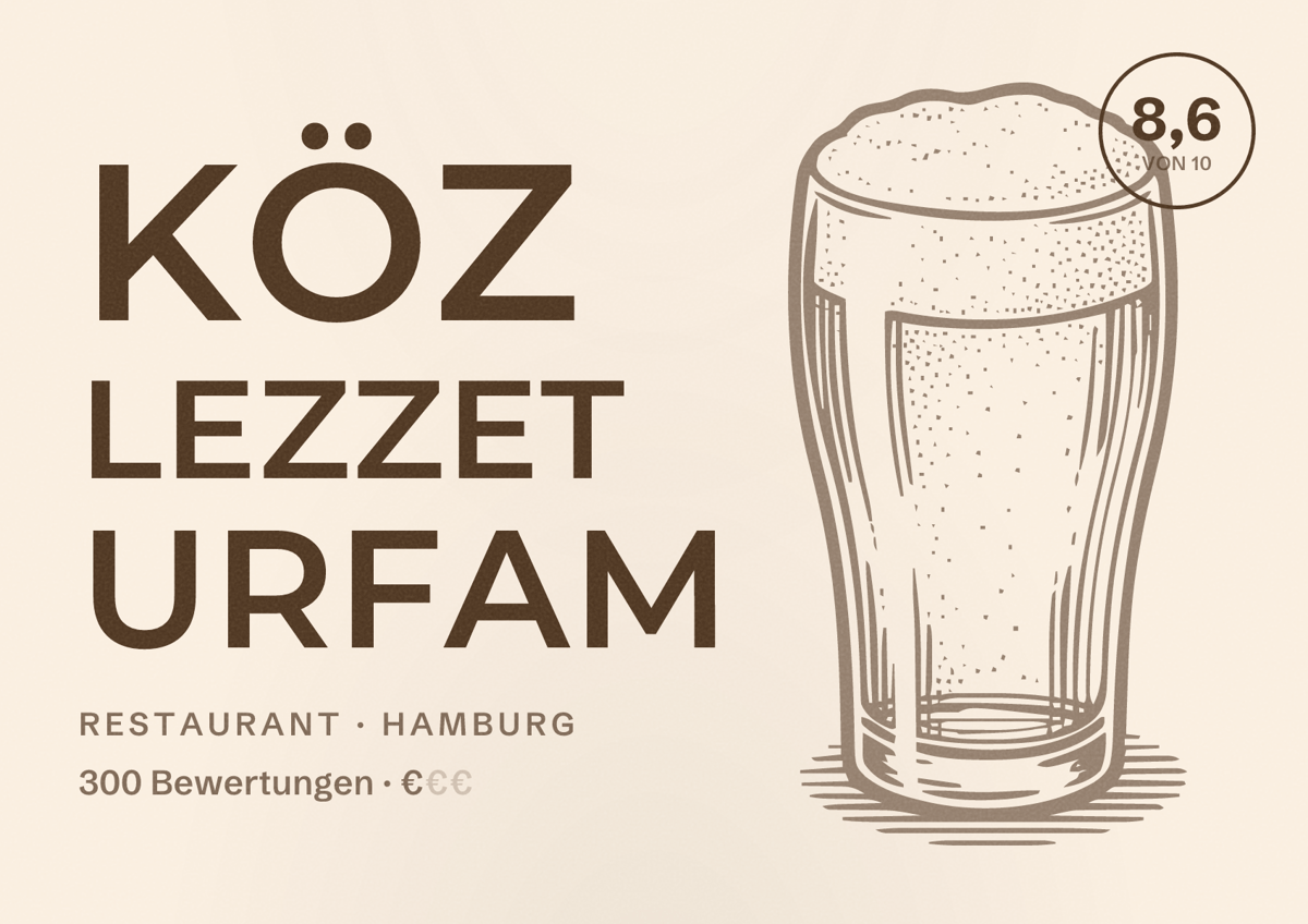 Illustriertes Poster von Köz Lezzet URFAM, Restaurant in Hamburg: Bewertung 8,6 von 10 aus 300 Bewertungen, Preisniveau €