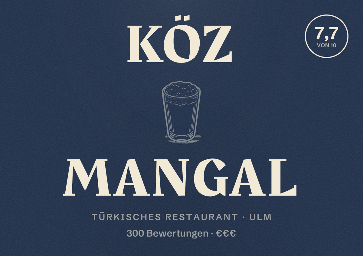 Illustriertes Poster von Köz Mangal, Türkisches Restaurant in Ulm: Bewertung 7,7 von 10 aus 300 Bewertungen, Preisniveau €€€