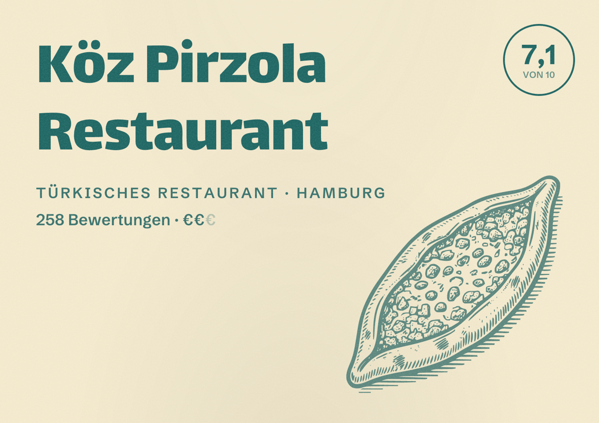 Illustriertes Poster von Köz Pirzola Restaurant, Türkisches Restaurant in Hamburg: Bewertung 7,1 von 10 aus 258 Bewertungen, Preisniveau €€
