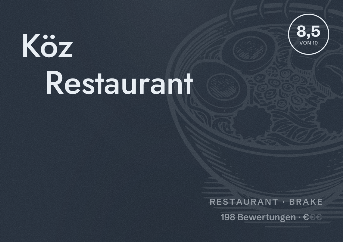 Illustriertes Poster von Köz Restaurant, Restaurant in Brake: Bewertung 8,5 von 10 aus 198 Bewertungen, Preisniveau €