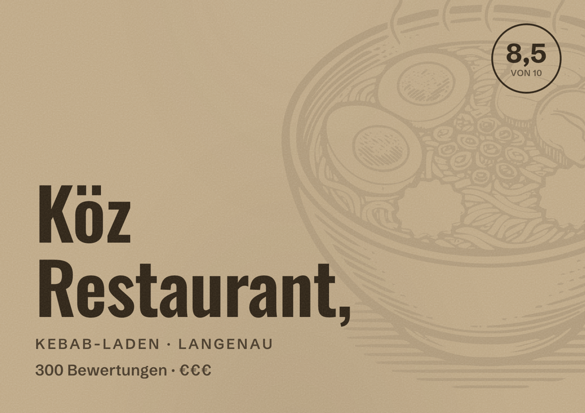Illustriertes Poster von Köz Restaurant,, Kebab-Laden in Langenau: Bewertung 8,5 von 10 aus 300 Bewertungen, Preisniveau €€€