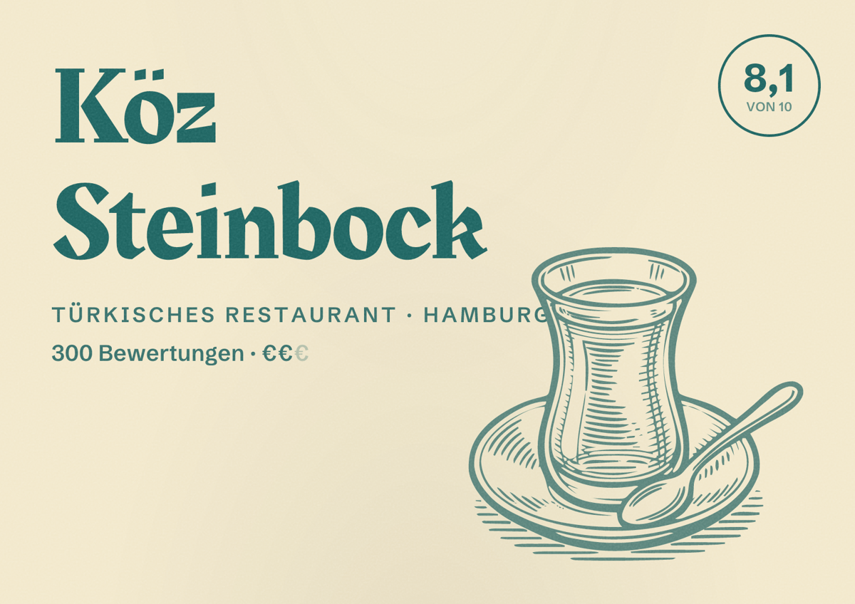 Illustriertes Poster von Köz Steinbock, Türkisches Restaurant in Hamburg: Bewertung 8,1 von 10 aus 300 Bewertungen, Preisniveau €€
