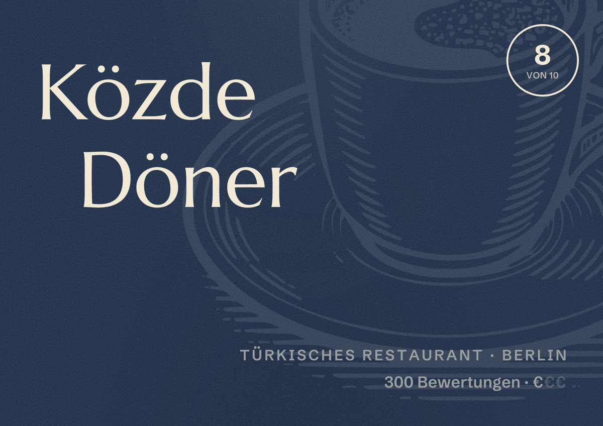 Illustriertes Poster von Közde Döner, Türkisches Restaurant in Berlin: Bewertung 8,0 von 10 aus 300 Bewertungen, Preisniveau €