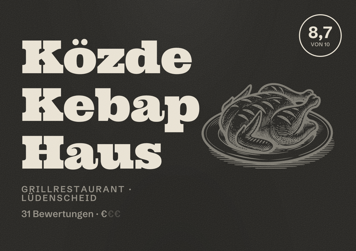 Illustriertes Poster von Közde Kebap Haus, Grillrestaurant in Lüdenscheid: Bewertung 8,7 von 10 aus 31 Bewertungen, Preisniveau €