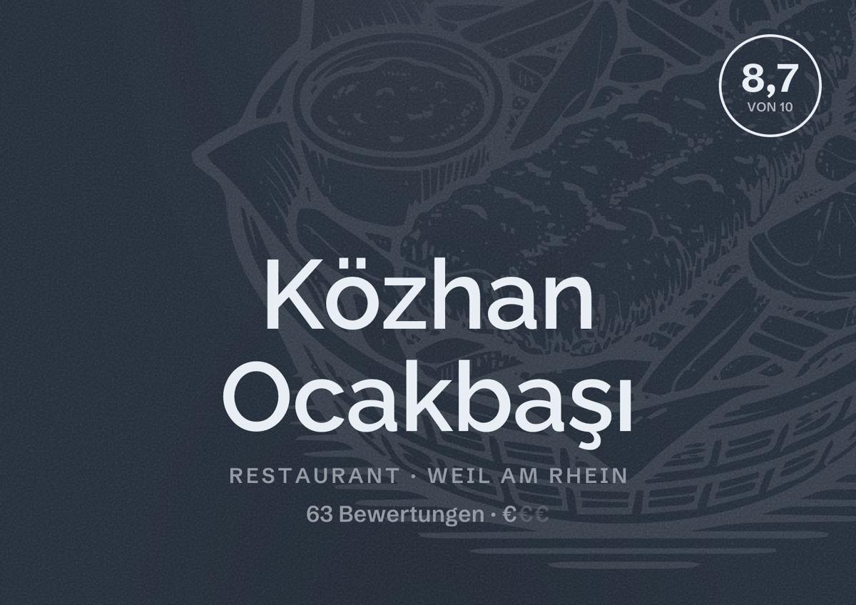 Illustriertes Poster von Közhan Ocakbaşı, Restaurant in Weil am Rhein: Bewertung 8,7 von 10 aus 63 Bewertungen, Preisniveau €