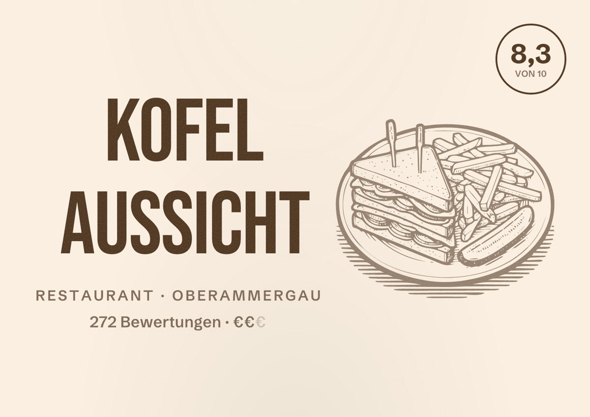 Illustriertes Poster von Kofel Aussicht, Restaurant in Oberammergau: Bewertung 8,3 von 10 aus 272 Bewertungen, Preisniveau €€