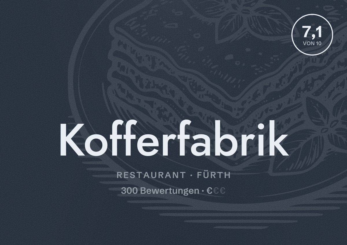 Illustriertes Poster von Kofferfabrik, Restaurant in Fürth: Bewertung 7,1 von 10 aus 300 Bewertungen, Preisniveau €