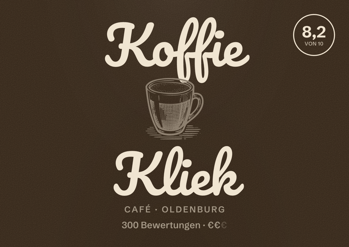 Illustriertes Poster von Koffie Kliek, Café in Oldenburg: Bewertung 8,2 von 10 aus 300 Bewertungen, Preisniveau €€