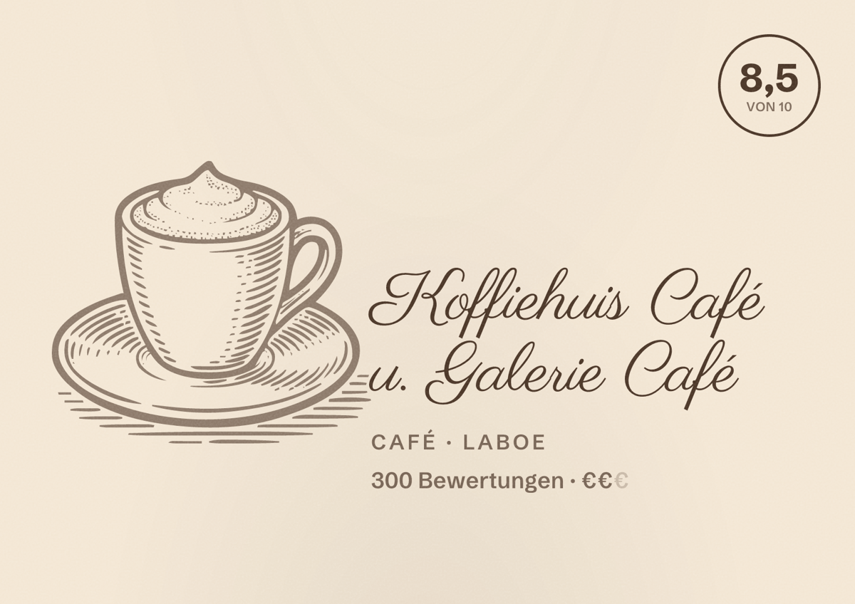 Illustriertes Poster von Koffiehuis Café u. Galerie Café, Café in Laboe: Bewertung 8,5 von 10 aus 300 Bewertungen, Preisniveau €€
