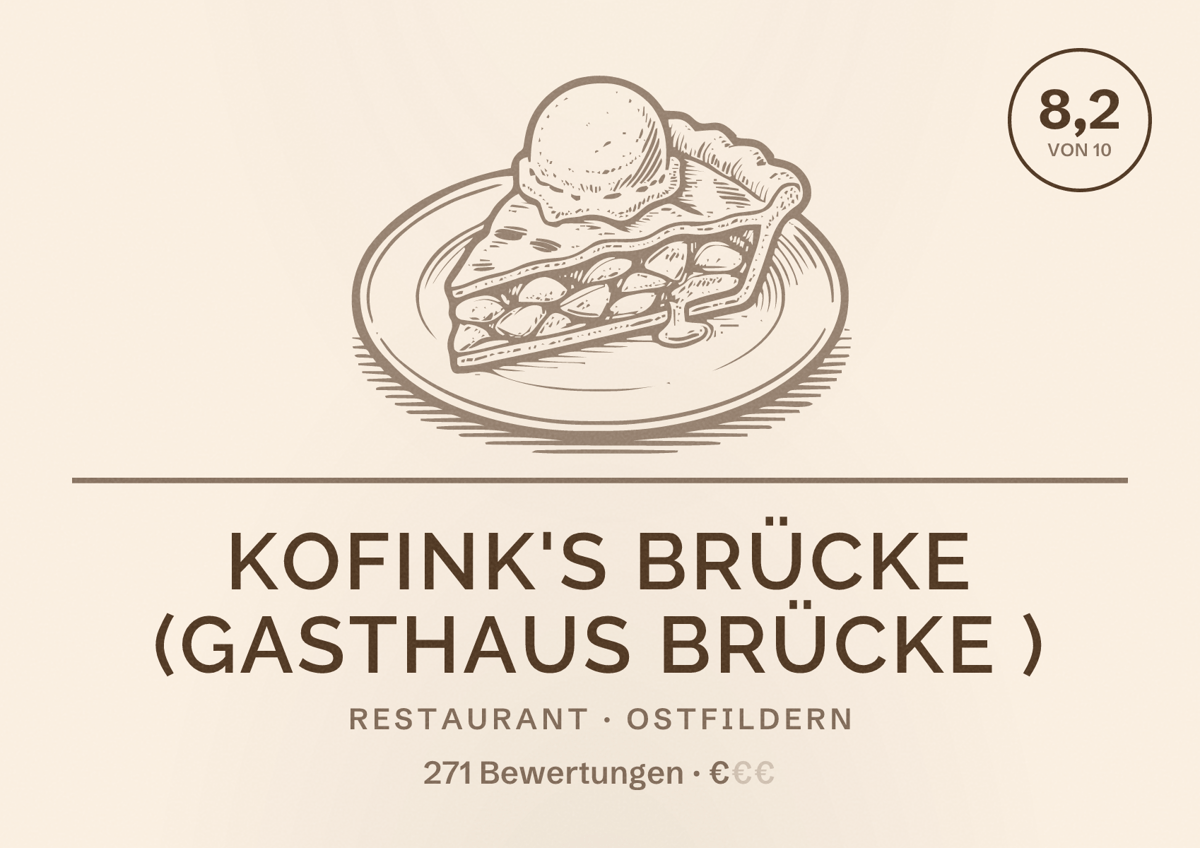 Illustriertes Poster von Kofink's Brücke (Gasthaus Brücke ), Restaurant in Ostfildern: Bewertung 8,2 von 10 aus 271 Bewertungen, Preisniveau €