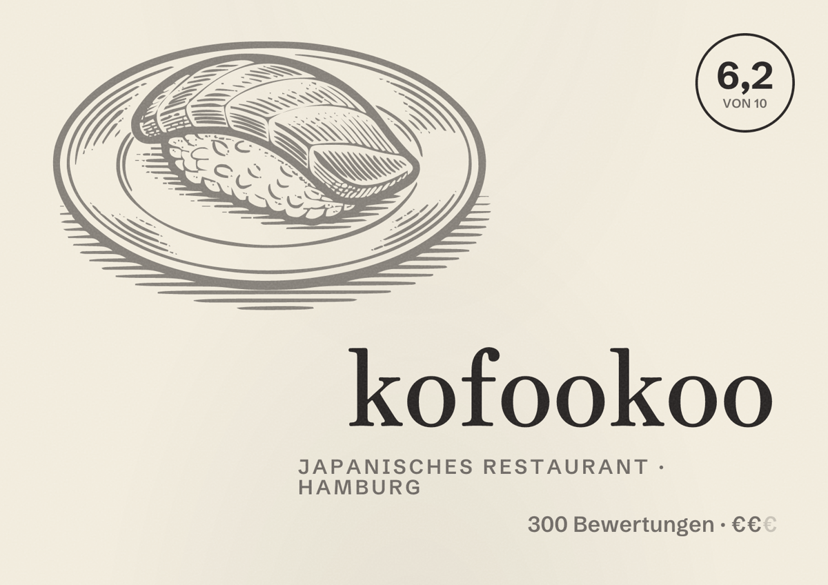 Illustriertes Poster von kofookoo, Japanisches Restaurant in Hamburg: Bewertung 6,2 von 10 aus 300 Bewertungen, Preisniveau €€