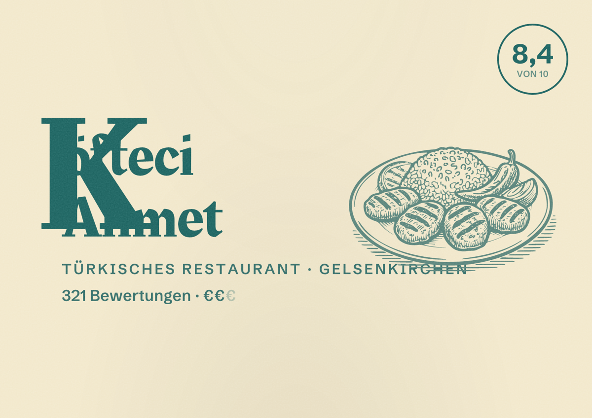 Illustriertes Poster von Köfteci Ahmet, Türkisches Restaurant in Gelsenkirchen: Bewertung 8,4 von 10 aus 321 Bewertungen, Preisniveau €€