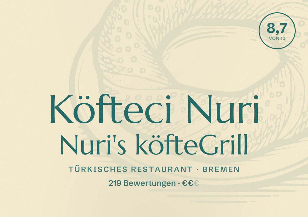 Illustriertes Poster von Köfteci Nuri Nuri's köfteGrill, Türkisches Restaurant in Bremen: Bewertung 8,7 von 10 aus 219 Bewertungen, Preisniveau €€