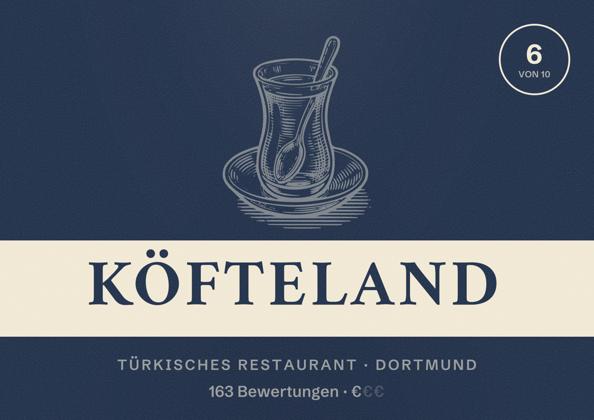 Illustriertes Poster von KÖFTELAND, Türkisches Restaurant in Dortmund: Bewertung 6 von 10 aus 163 Bewertungen, Preisniveau €