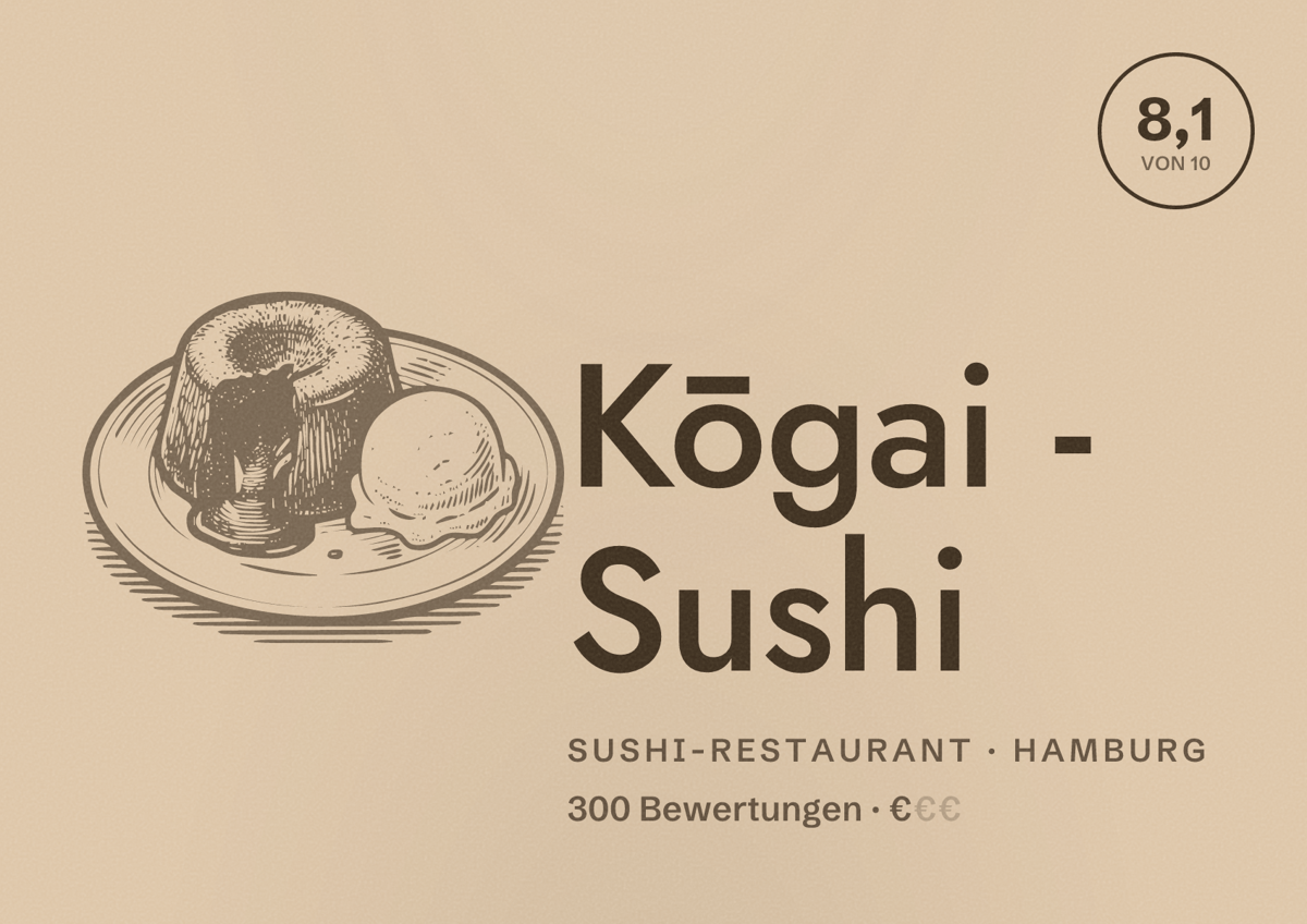 Illustriertes Poster von Kōgai - Sushi, Sushi-Restaurant in Hamburg: Bewertung 8,1 von 10 aus 300 Bewertungen, Preisniveau €
