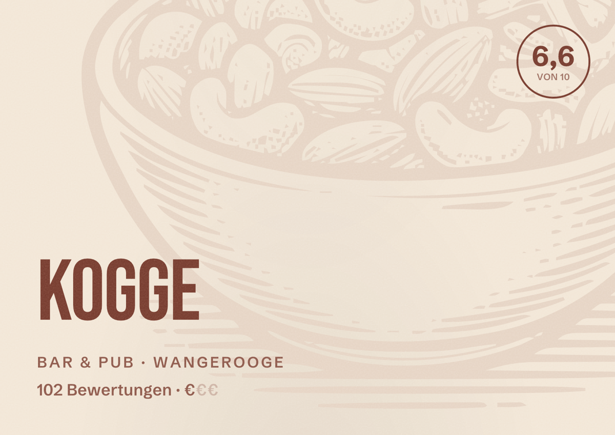 Illustriertes Poster von Kogge, Bar & Pub in Wangerooge: Bewertung 6,6 von 10 aus 102 Bewertungen, Preisniveau €