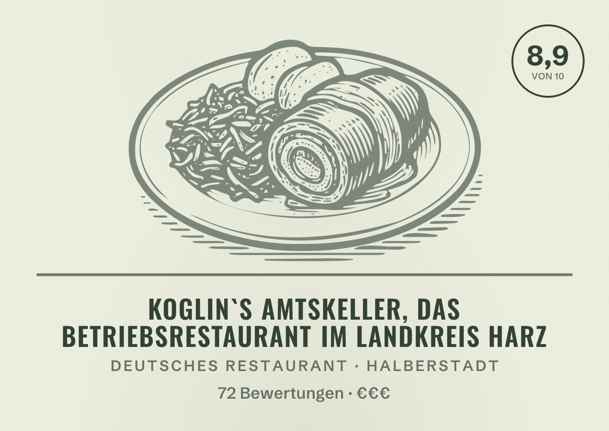 Illustriertes Poster von Koglin`s Amtskeller, das Betriebsrestaurant im Landkreis Harz, Deutsches Restaurant in Halberstadt: Bewertung 8,9 von 10 aus 72 Bewertungen, Preisniveau €€€