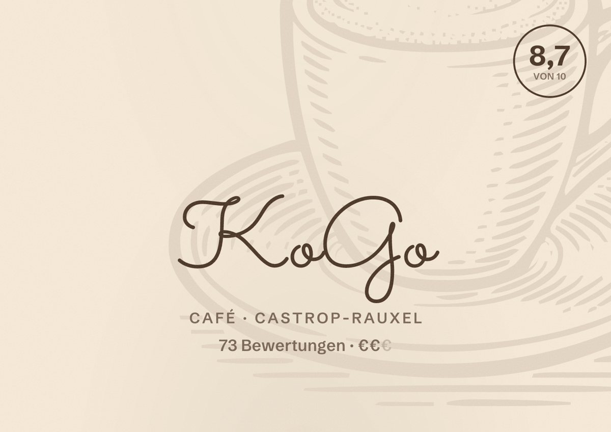 Illustriertes Poster von KoGo, Café in Castrop-Rauxel: Bewertung 8,7 von 10 aus 73 Bewertungen, Preisniveau €€