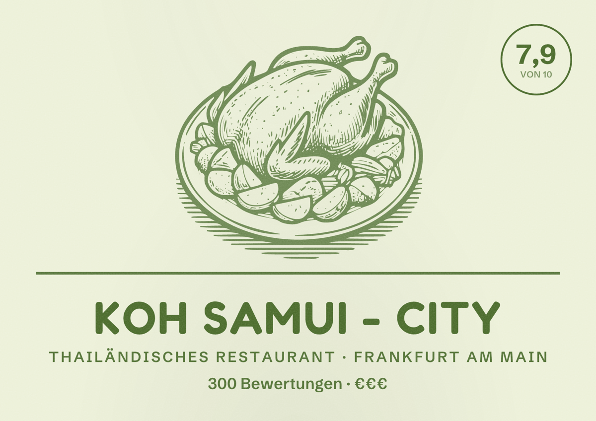 Illustriertes Poster von KOH SAMUI - CITY, Thailändisches Restaurant in Frankfurt am Main: Bewertung 7,9 von 10 aus 300 Bewertungen, Preisniveau €€€