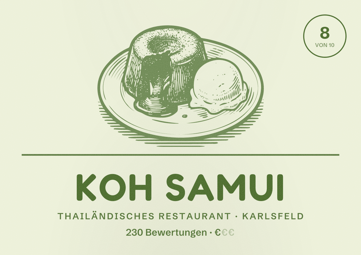 Illustriertes Poster von Koh Samui, Thailändisches Restaurant in Karlsfeld: Bewertung 8 von 10 aus 230 Bewertungen, Preisniveau €