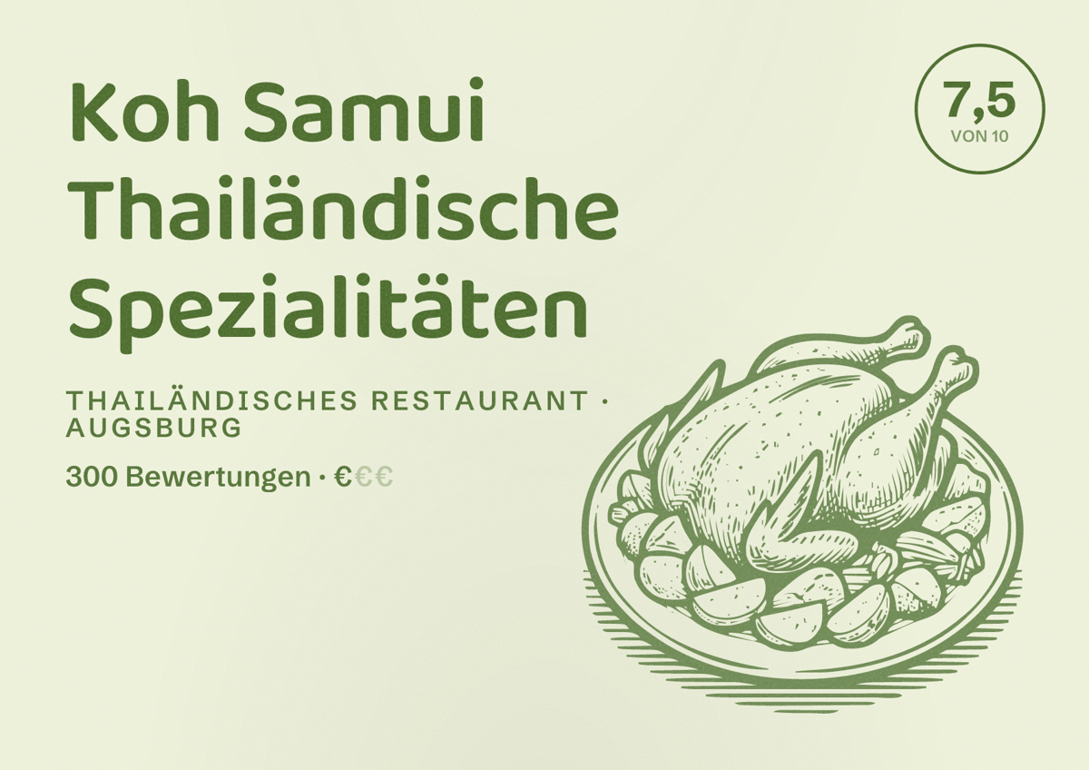 Illustriertes Poster von Koh Samui Thailändische Spezialitäten, Thailändisches Restaurant in Augsburg: Bewertung 7,5 von 10 aus 300 Bewertungen, Preisniveau €