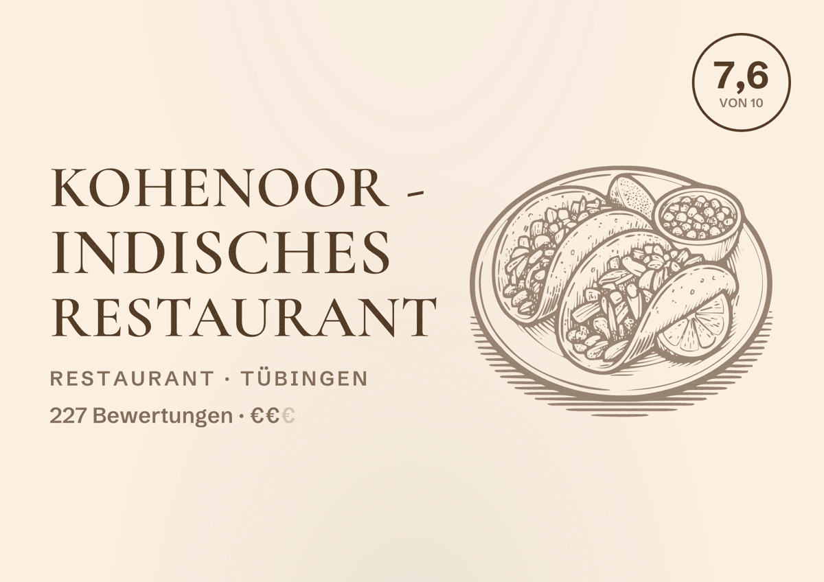 Illustriertes Poster von Kohenoor - Indisches Restaurant, Restaurant in Tübingen: Bewertung 7,6 von 10 aus 227 Bewertungen, Preisniveau €€