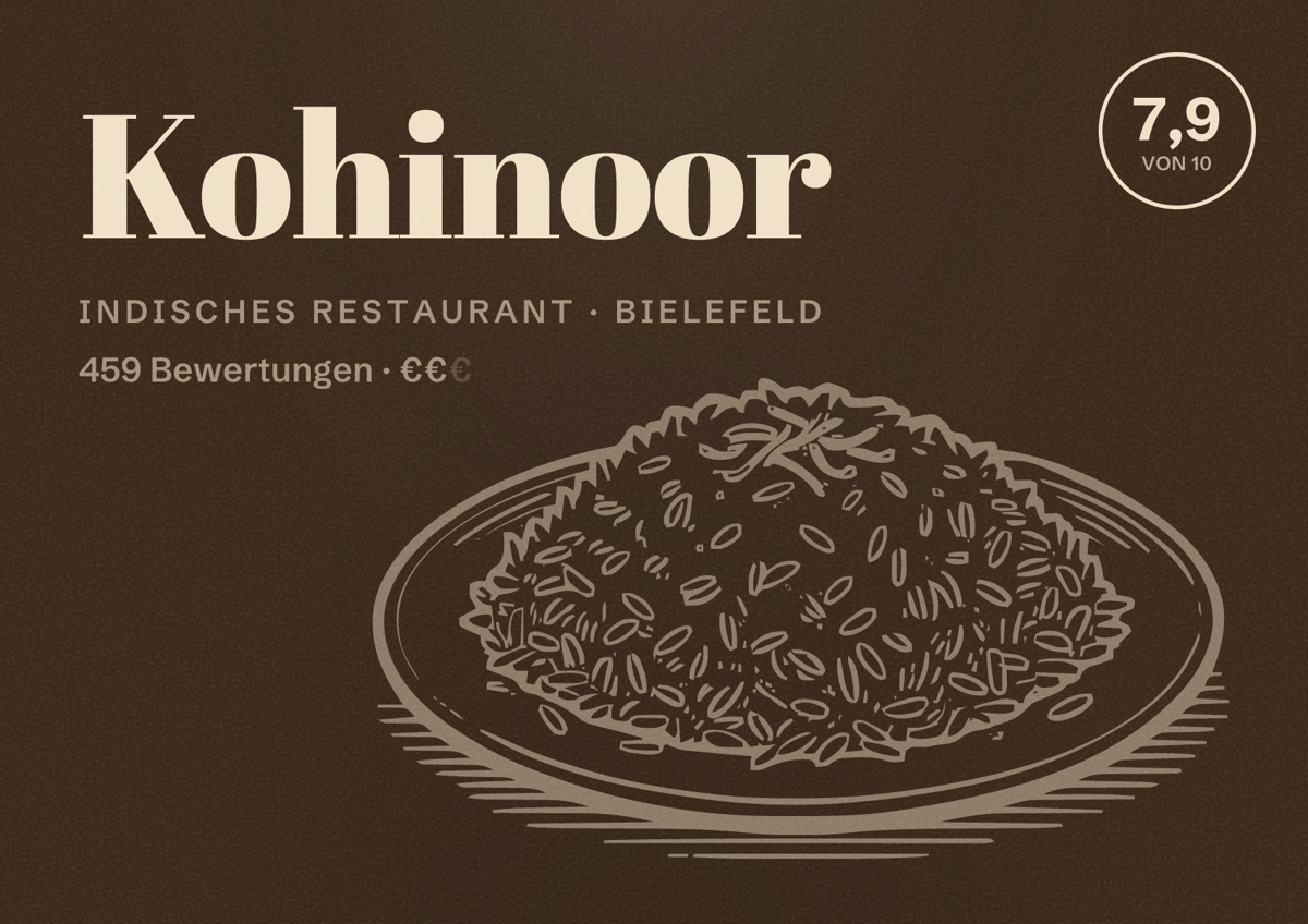 Illustriertes Poster von Kohinoor, Indisches Restaurant in Bielefeld: Bewertung 7,9 von 10 aus 459 Bewertungen, Preisniveau €€