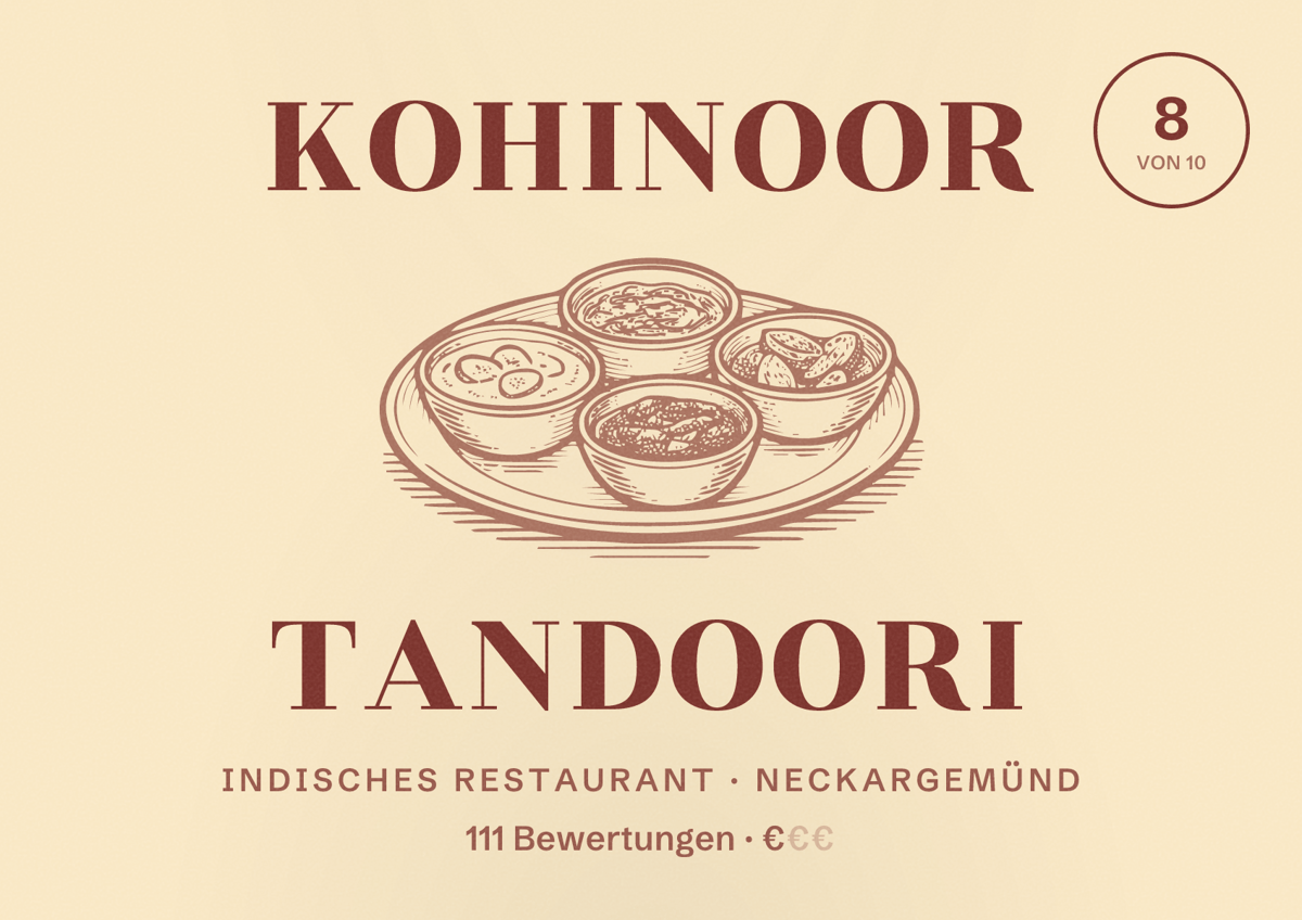 Illustriertes Poster von Kohinoor Tandoori, Indisches Restaurant in Neckargemünd: Bewertung 8 von 10 aus 111 Bewertungen, Preisniveau €