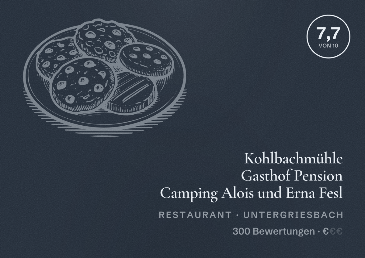 Illustriertes Poster von Kohlbachmühle Gasthof Pension Camping Alois und Erna Fesl, Restaurant in Untergriesbach: Bewertung 7,7 von 10 aus 300 Bewertungen, Preisniveau €