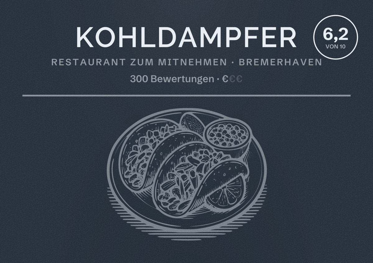 Illustriertes Poster von Kohldampfer, Restaurant zum Mitnehmen in Bremerhaven: Bewertung 6,2 von 10 aus 300 Bewertungen, Preisniveau €