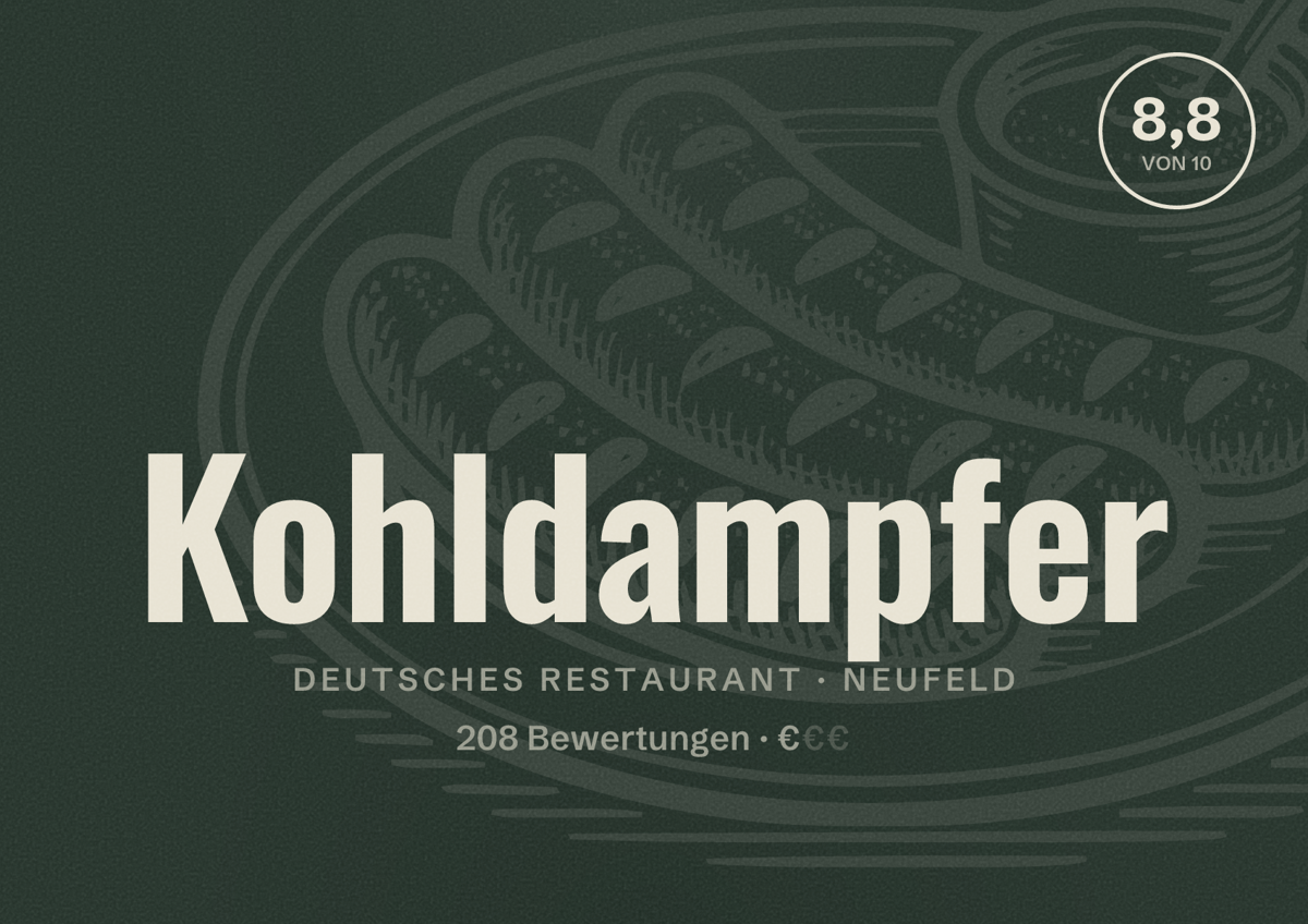 Illustriertes Poster von Kohldampfer, Deutsches Restaurant in Neufeld: Bewertung 8,8 von 10 aus 208 Bewertungen, Preisniveau €