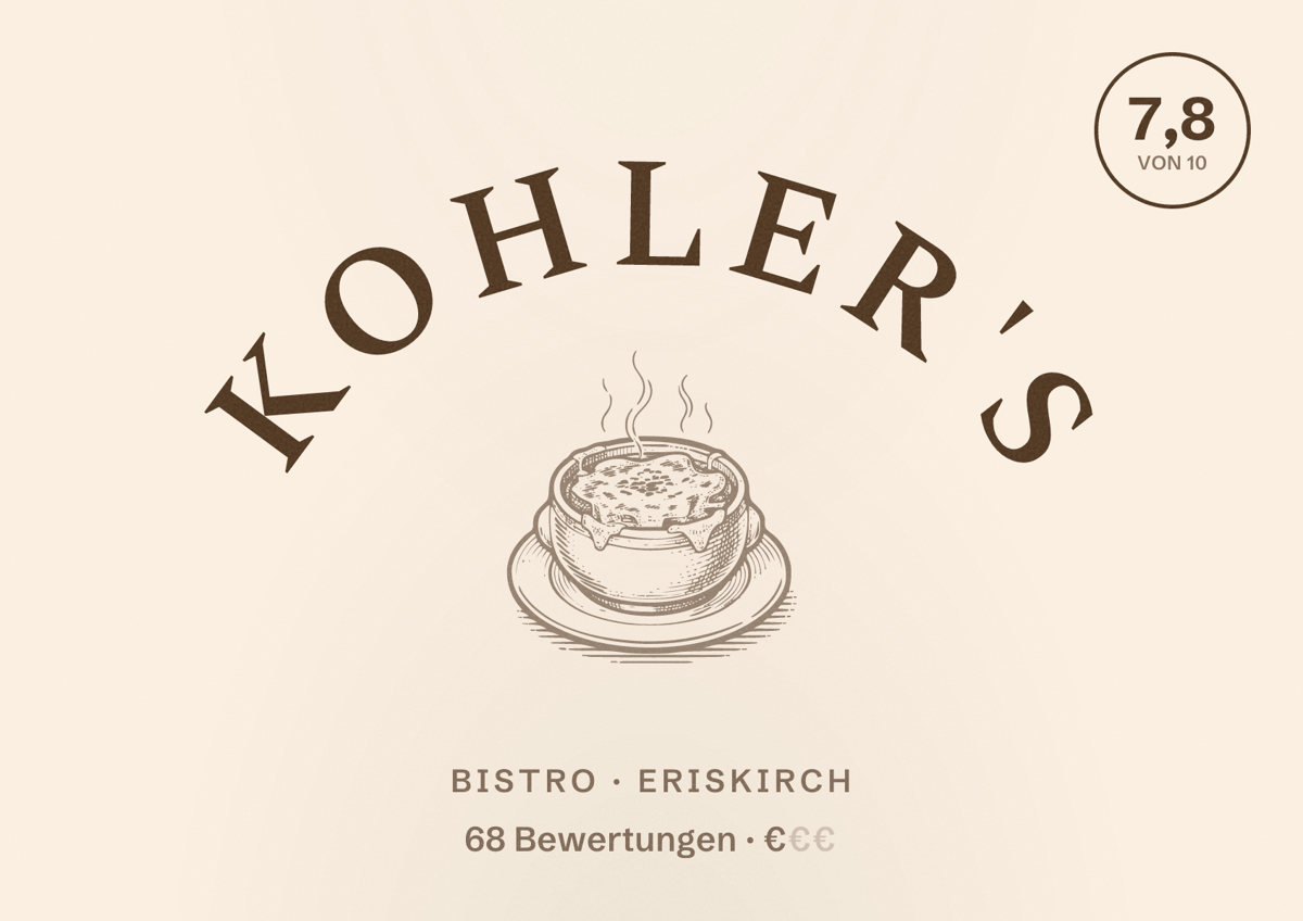 Illustriertes Poster von Kohler's, Bistro in Eriskirch: Bewertung 7,8 von 10 aus 68 Bewertungen, Preisniveau €