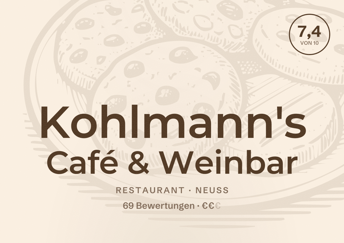 Illustriertes Poster von Kohlmann's Café & Weinbar, Restaurant in Neuss: Bewertung 7,4 von 10 aus 69 Bewertungen, Preisniveau €€
