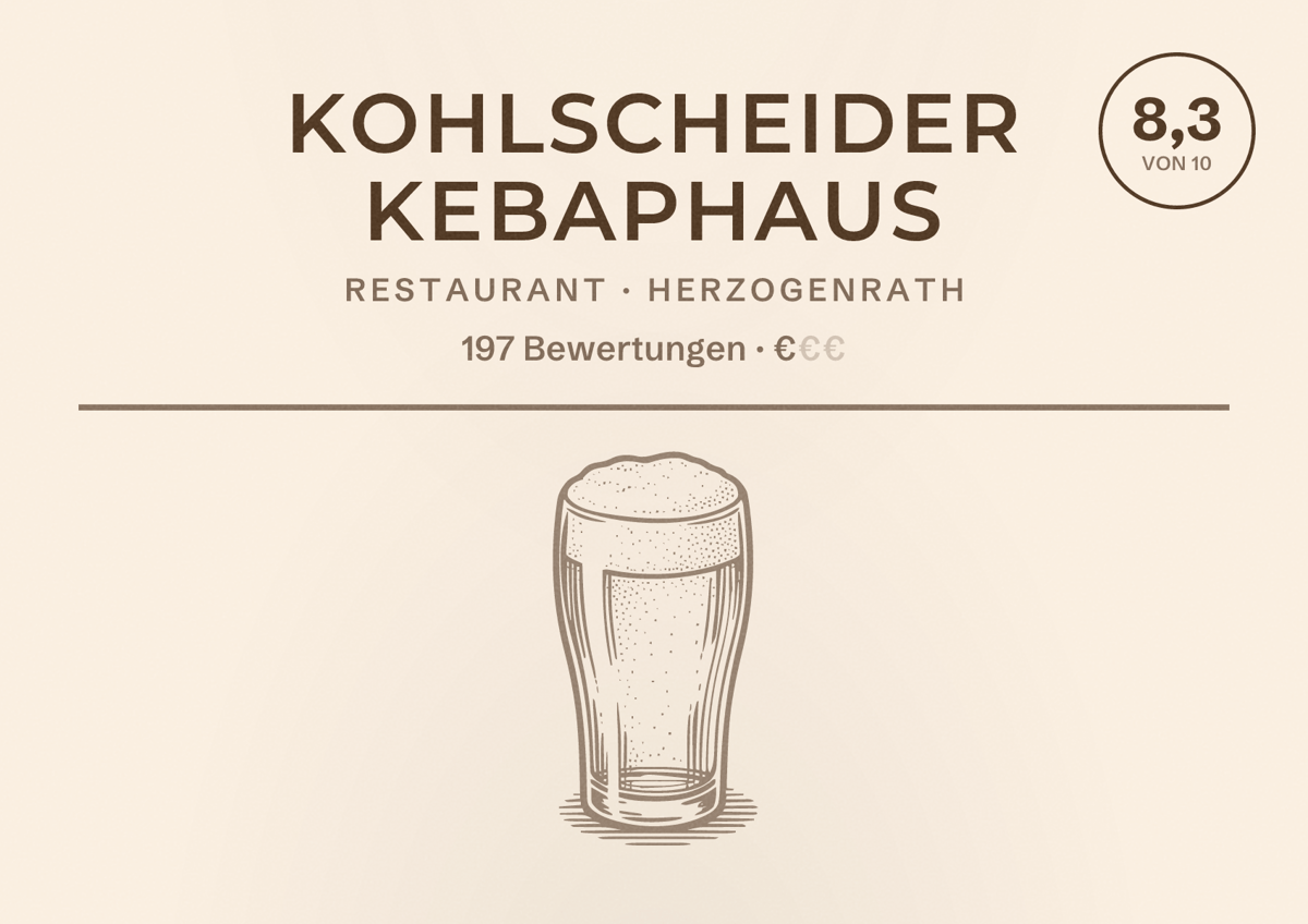 Illustriertes Poster von Kohlscheider Kebaphaus, Restaurant in Herzogenrath: Bewertung 8,3 von 10 aus 197 Bewertungen, Preisniveau €