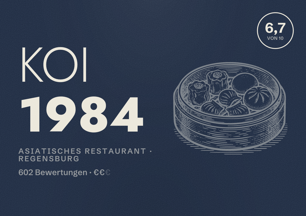 Illustriertes Poster von KOI 1984, Asiatisches Restaurant in Regensburg: Bewertung 6,7 von 10 aus 602 Bewertungen, Preisniveau €€