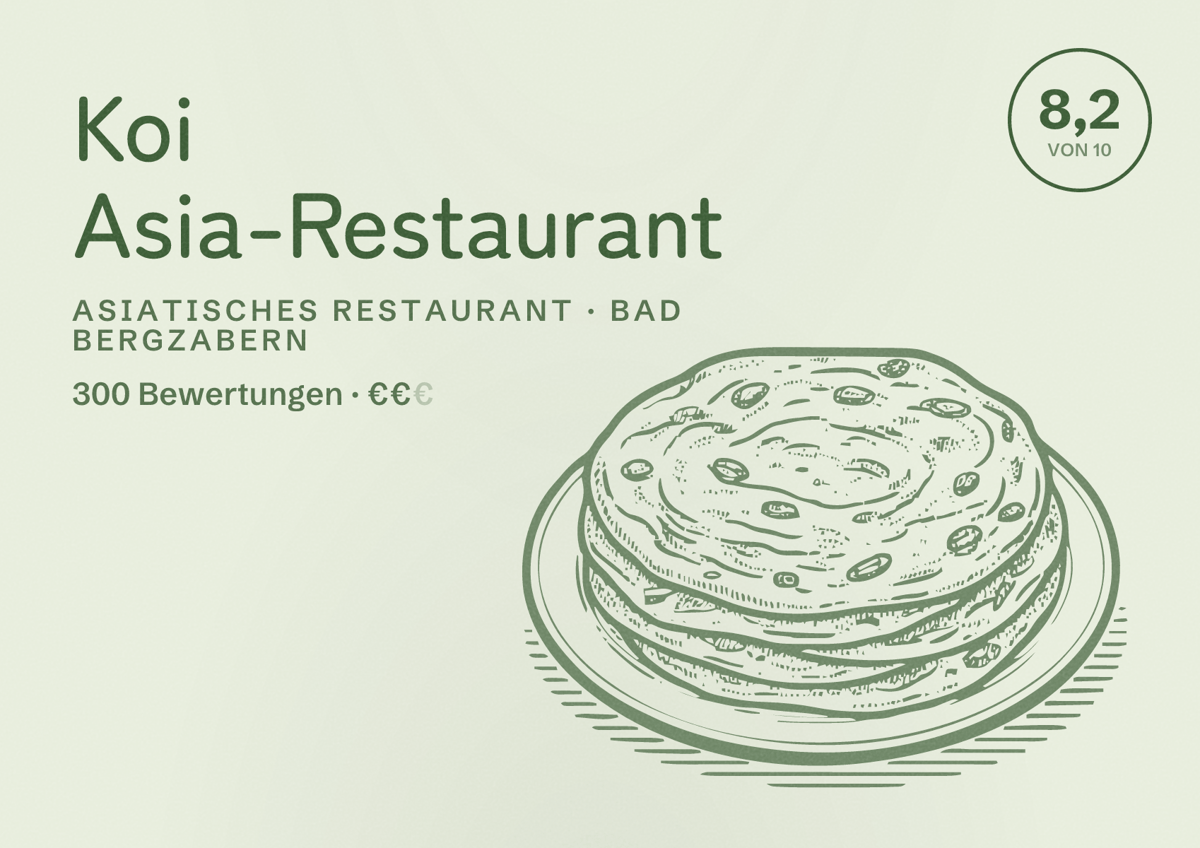 Illustriertes Poster von Koi Asia-Restaurant, Asiatisches Restaurant in Bad Bergzabern: Bewertung 8,2 von 10 aus 300 Bewertungen, Preisniveau €€