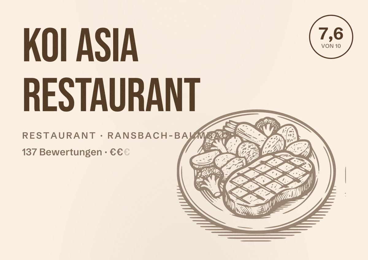 Illustriertes Poster von Koi Asia Restaurant, Restaurant in Ransbach-Baumbach: Bewertung 7,6 von 10 aus 137 Bewertungen, Preisniveau €€