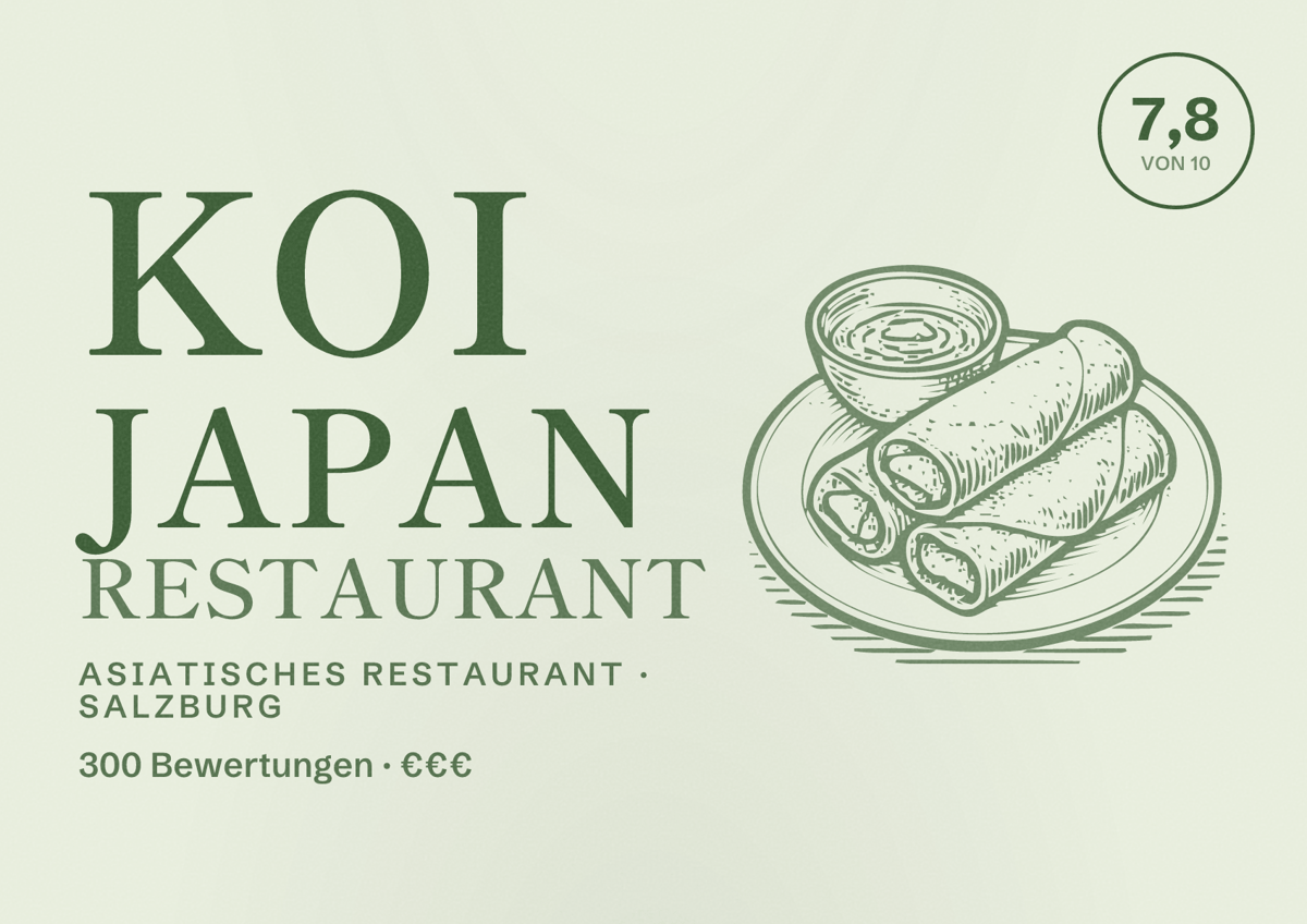 Illustriertes Poster von Koi Japan Restaurant, Asiatisches Restaurant in Salzburg: Bewertung 7,8 von 10 aus 300 Bewertungen, Preisniveau €€€
