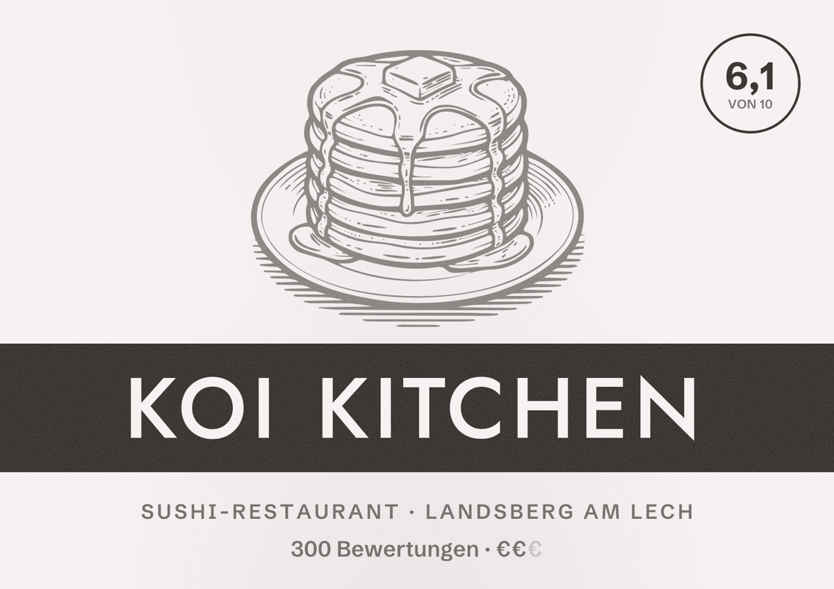 Illustriertes Poster von Koi Kitchen, Sushi-Restaurant in Landsberg am Lech: Bewertung 6,1 von 10 aus 300 Bewertungen, Preisniveau €€