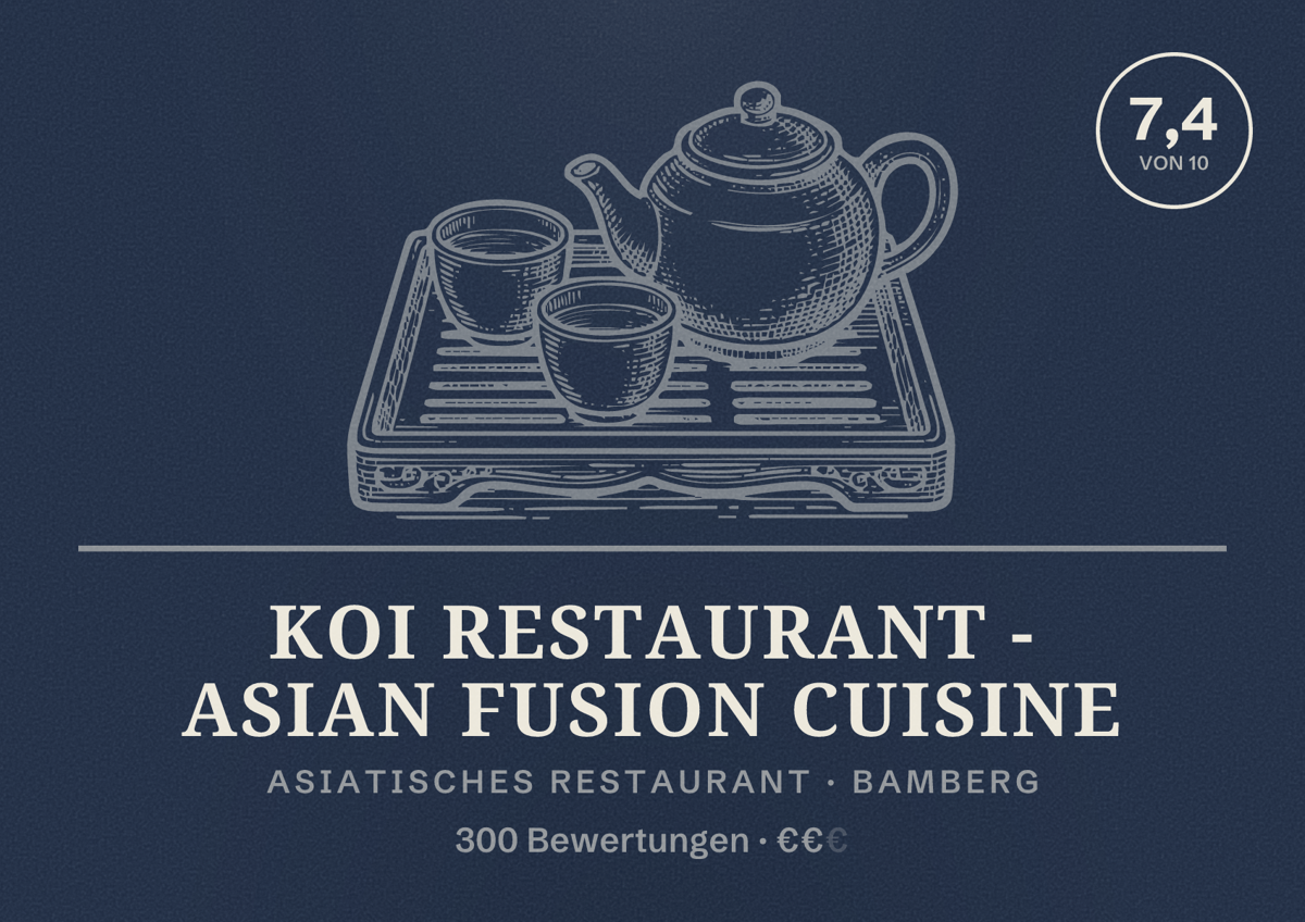 Illustriertes Poster von KOI Restaurant - Asian Fusion Cuisine, Asiatisches Restaurant in Bamberg: Bewertung 7,4 von 10 aus 300 Bewertungen, Preisniveau €€