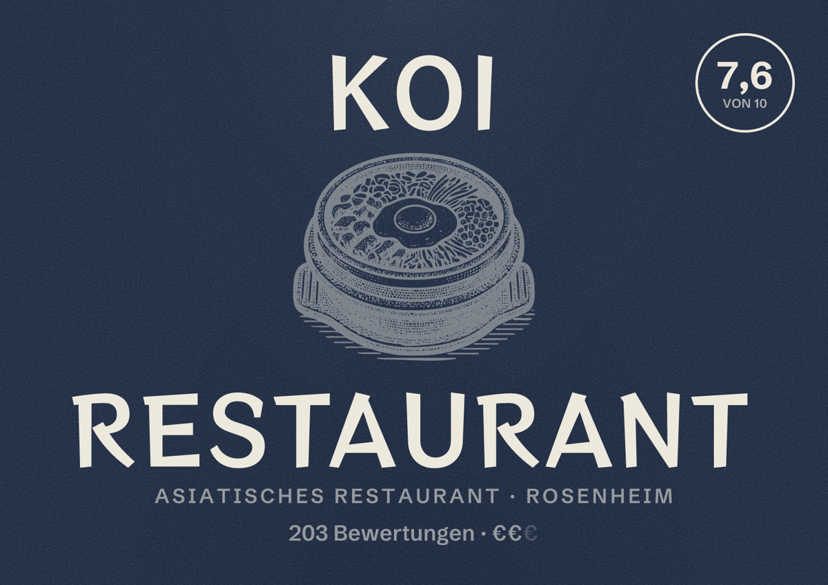 Illustriertes Poster von Koi Restaurant, Asiatisches Restaurant in Rosenheim: Bewertung 7,6 von 10 aus 203 Bewertungen, Preisniveau €€